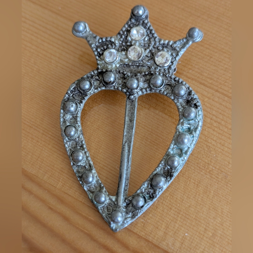Luckenbooth Silver Color Heart Crown Brooch, Antique